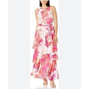 Tahari Floral Maxi Dress Size 4 Pink Sleeveless Flowy Tiered Special Occasion